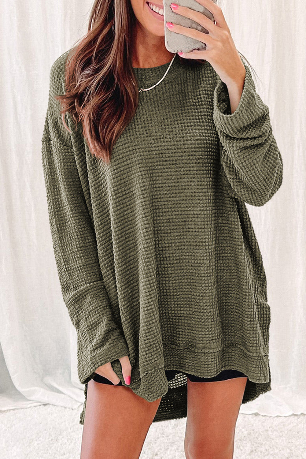 Waffle-Knit Round Neck Long Sleeve Sweatshirt - AllIn Computer