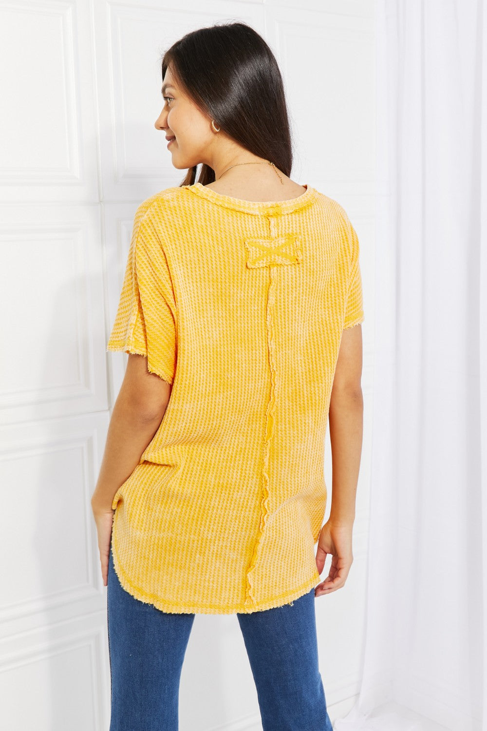 Zenana Start Small Washed Waffle Knit Top in Yellow Gold - AllIn Computer