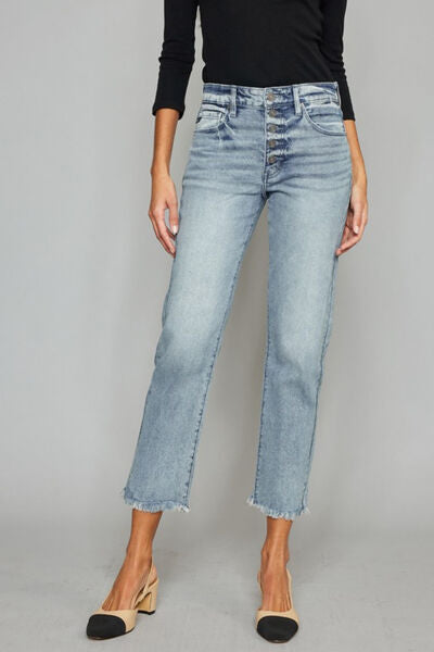 Kancan High Waist Button Fly Raw Hem Cropped Straight Jeans - AllIn Computer