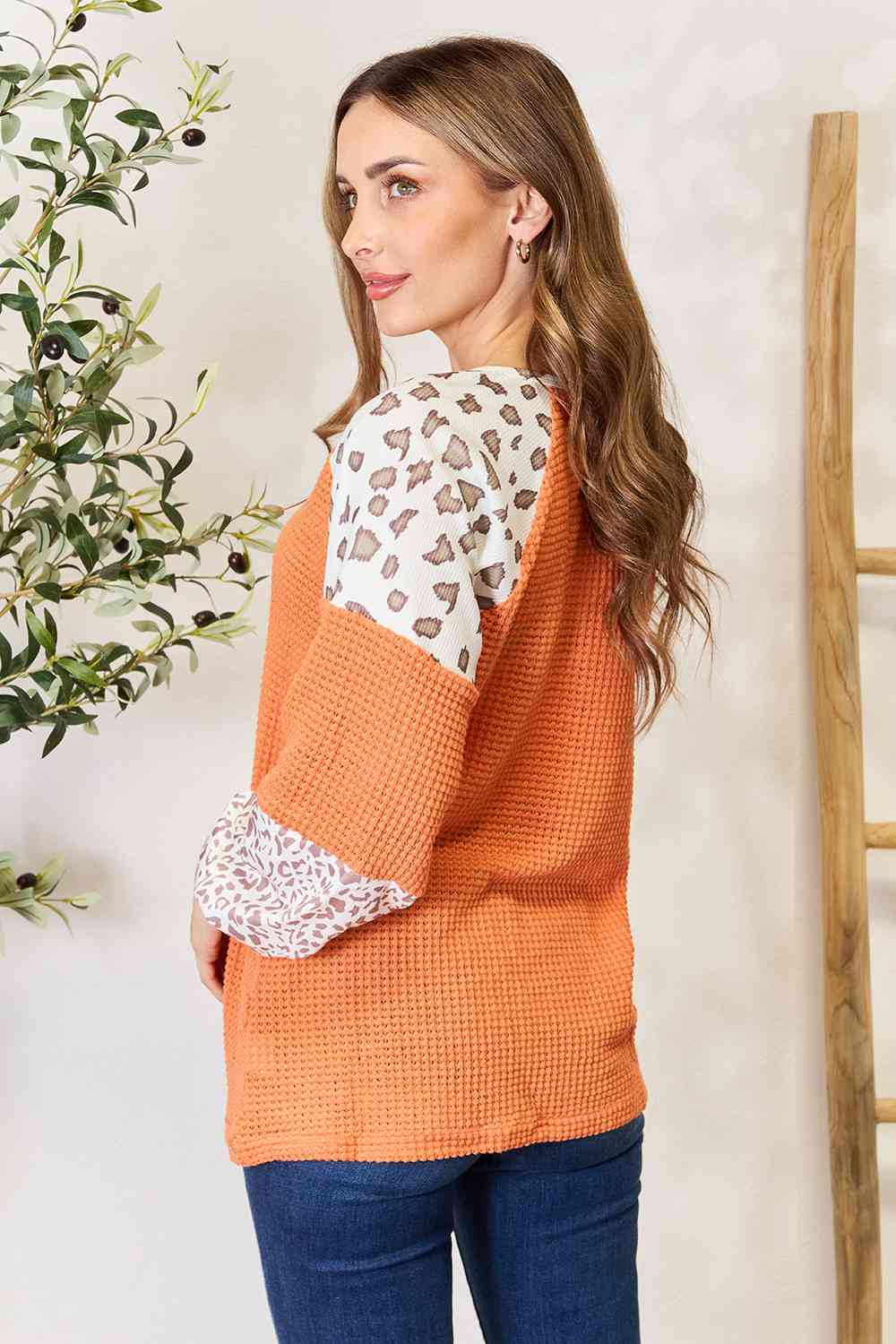 Double Take Leopard Waffle-Knit Long Sleeve Blouse - AllIn Computer
