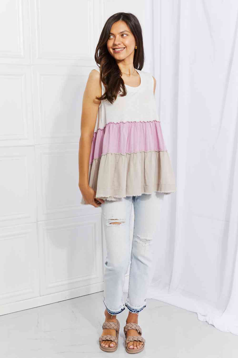 White Birch Full Size Watching the Sunset Color Block Babydoll Top - AllIn Computer