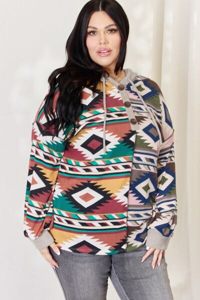 Celeste Full Size Geometric Exposed Seam Drawstring Hoodie - AllIn Computer