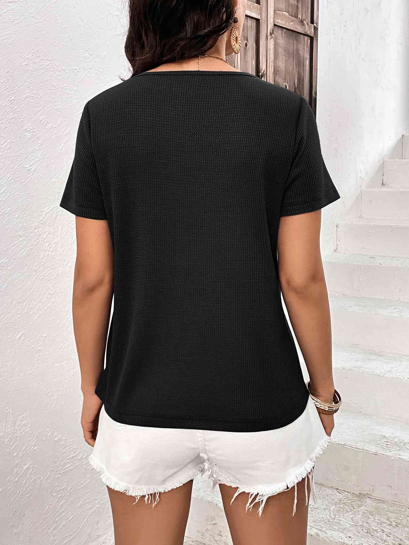 Lace Trim Contrast Waffle-Knit Top - AllIn Computer