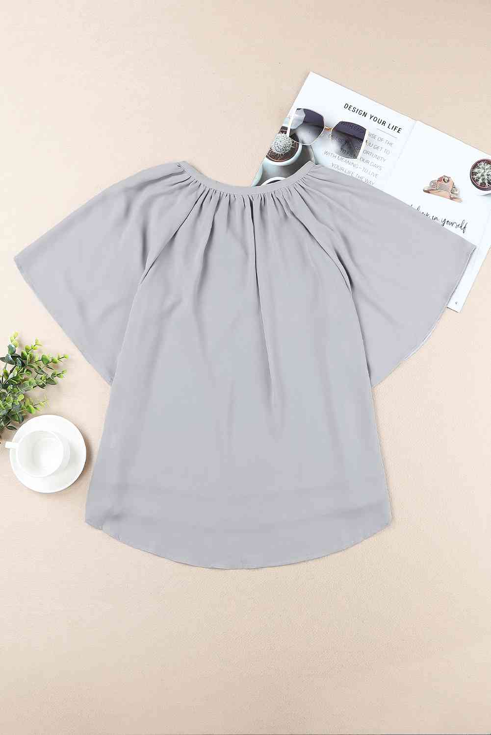 Gathered Detail Notched Neck Flutter Sleeve Top - AllIn Computer