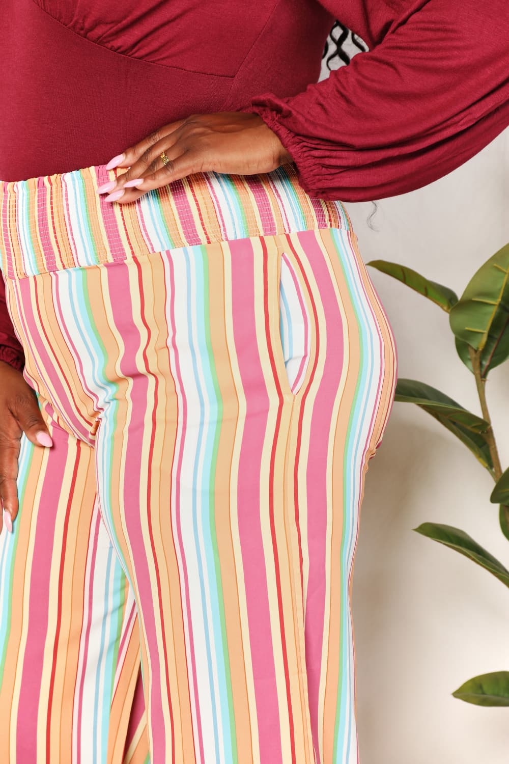 Double Take Striped Smocked Waist Pants with Pockets - AllIn Computer