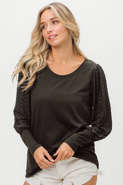 BiBi Round Neck Polka Dot Lantern Sleeve Top - AllIn Computer