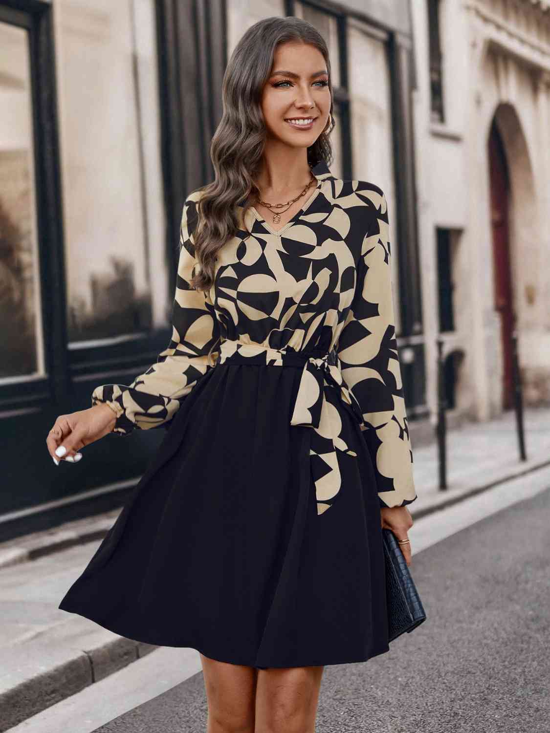 Contrast Notched Tie Front Long Sleeve Dress - AllIn Computer