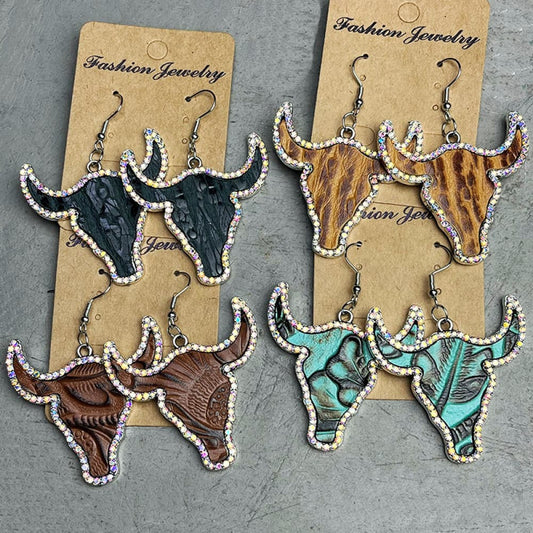 Rhinestone Trim Alloy Bull Earrings - AllIn Computer