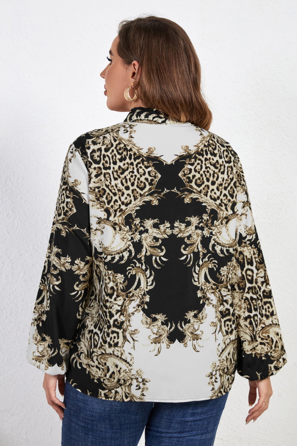 Melo Apparel Plus Size Printed Tie Neck Long Sleeve Blouse - AllIn Computer