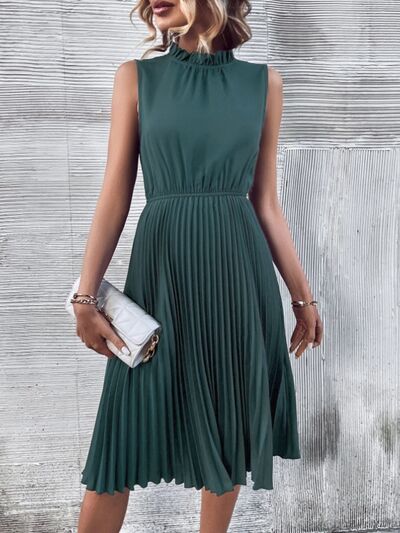 Pleated Frill Mock Neck Sleeveless Dress - AllIn Computer