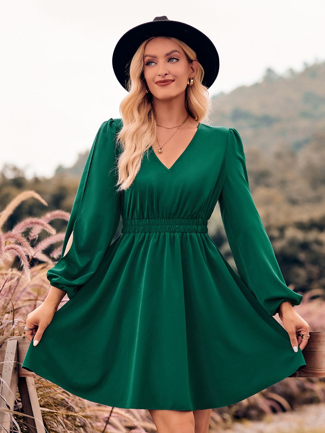 V-Neck Split Sleeve Mini Dress - AllIn Computer
