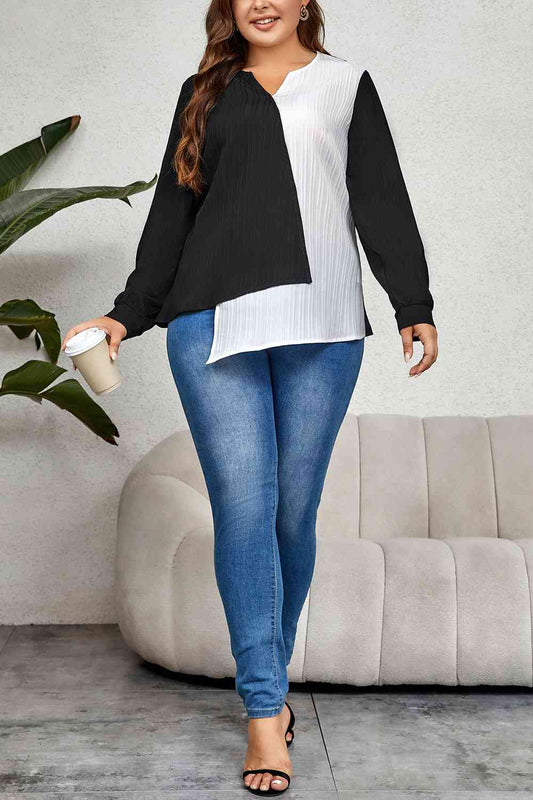 Plus Size Contrast Asymmetrical Long Sleeve Top - AllIn Computer
