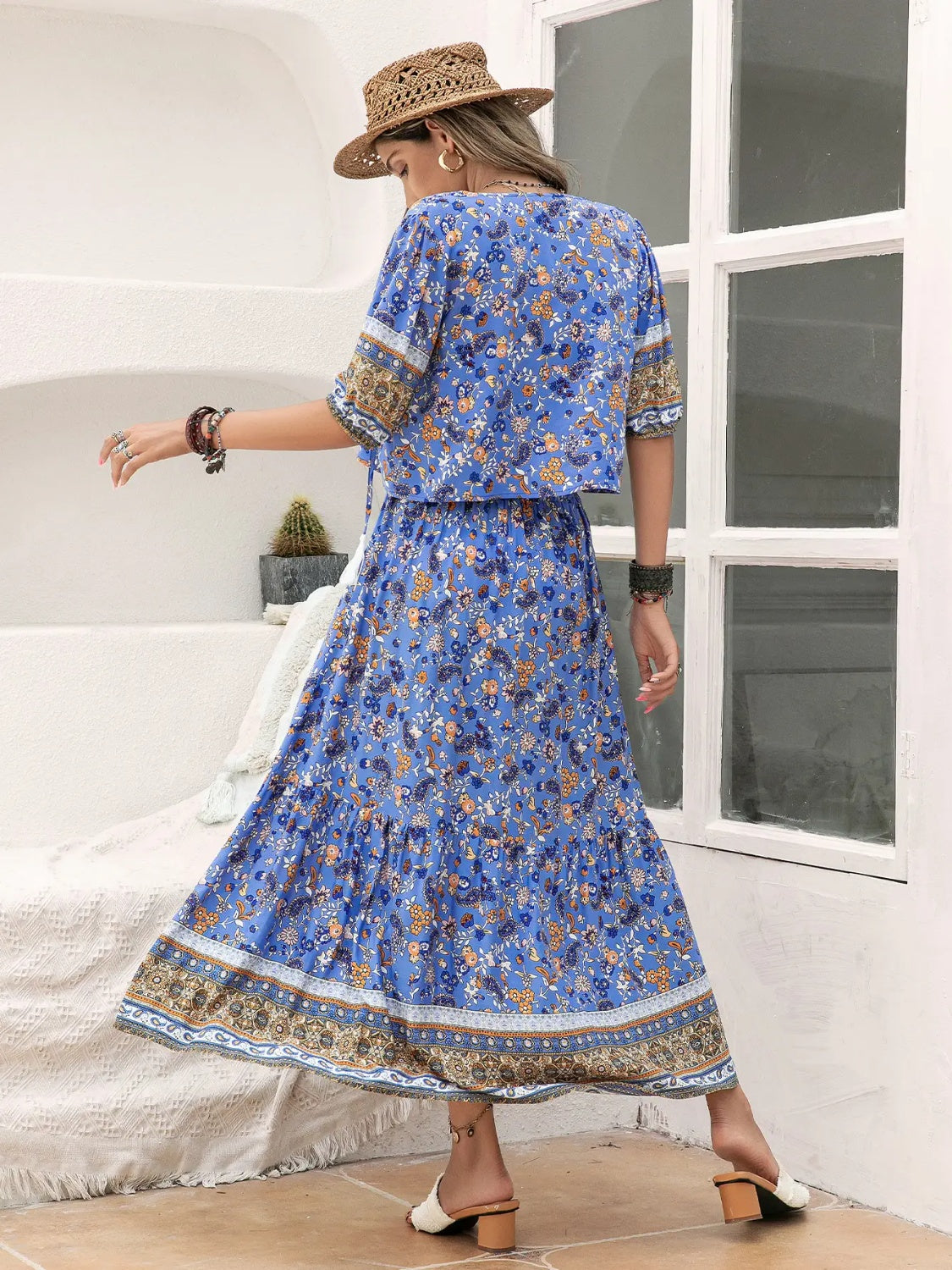 Ditsy Floral Tie Neck Top and Slit Skirt Set - AllIn Computer