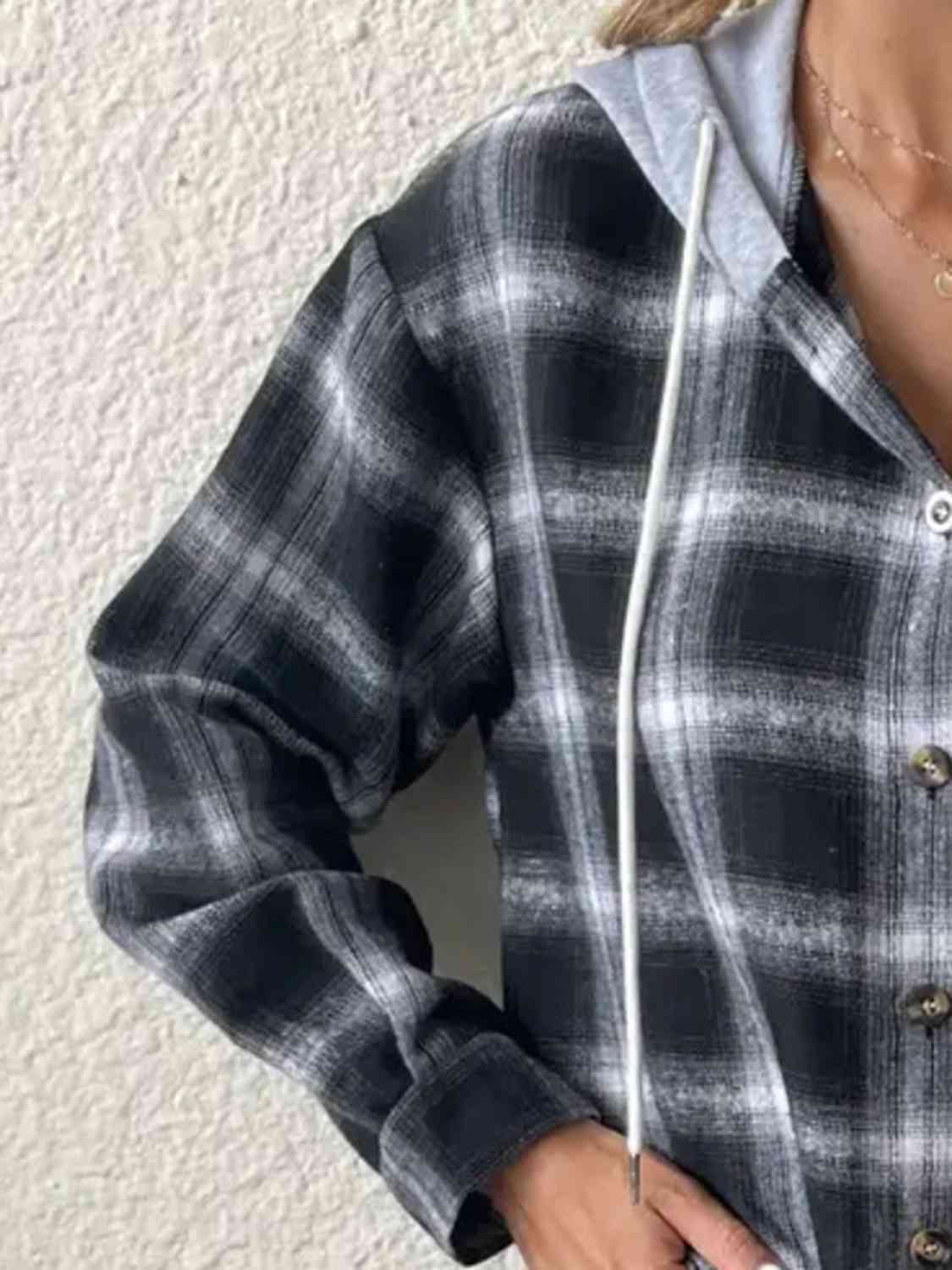 Plaid Drawstring Button Up Hooded Jacket - AllIn Computer