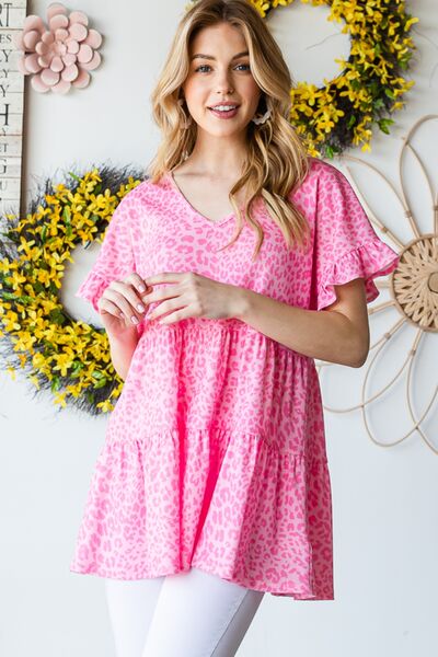 Heimish Full Size Leopard Ruffle Trim Short Sleeve Top - AllIn Computer