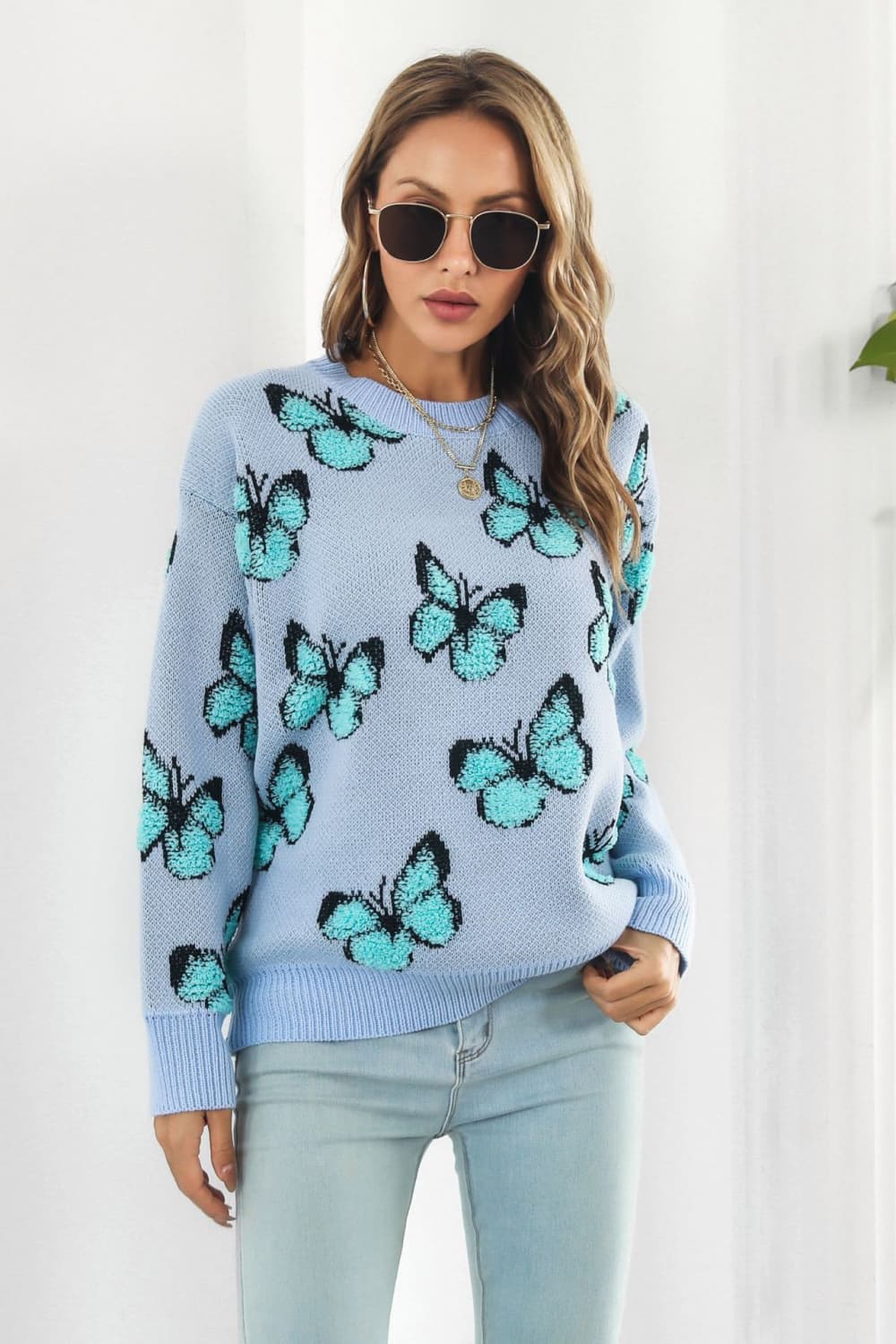 Butterfly Pattern Round Neck Dropped Shoulder Sweater - AllIn Computer