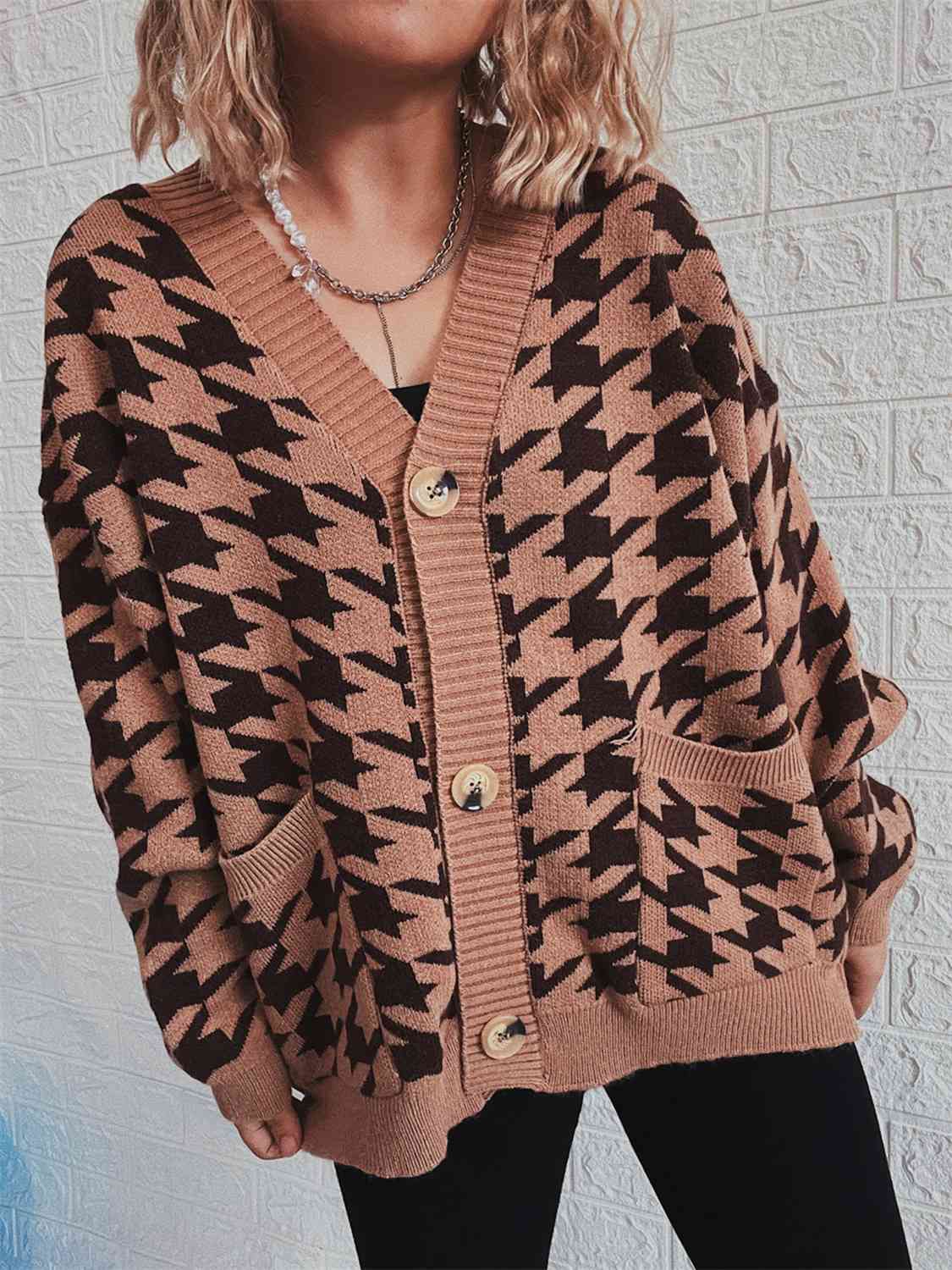 Houndstooth Botton Front  Cardigan with Pockets - AllIn Computer