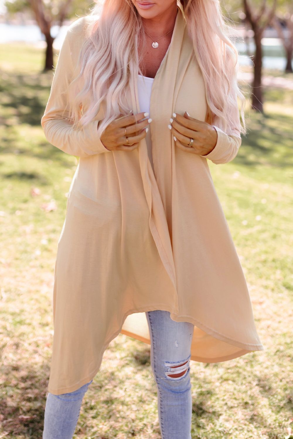 High-Low Open Front Cardigan with Pockets - AllIn Computer