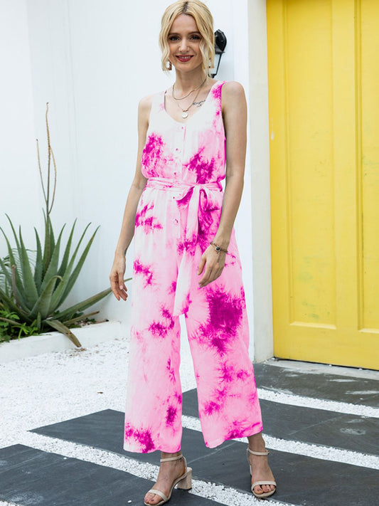 Tie-Dye Tie Waist Sleeveless Jumpsuit - AllIn Computer