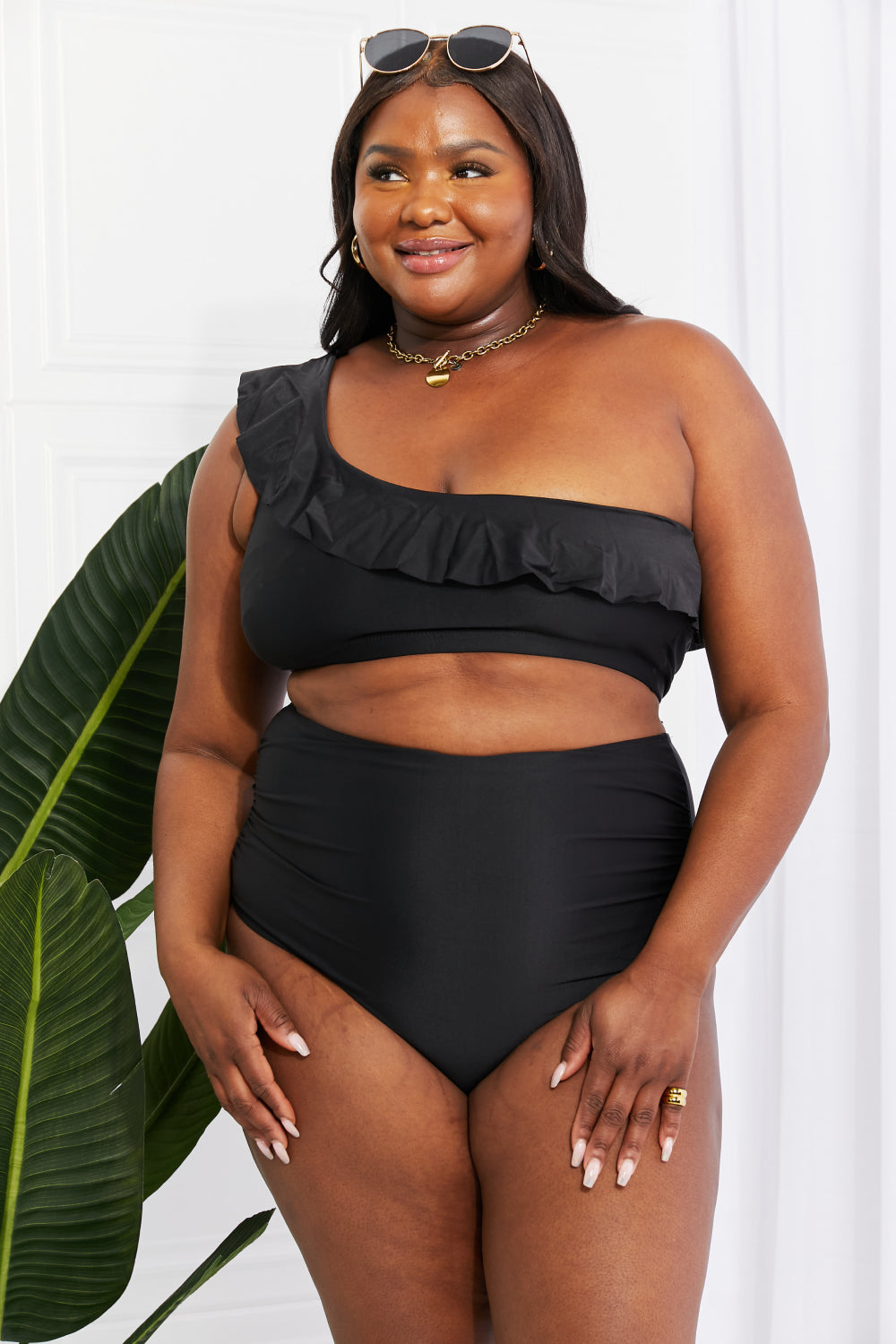 Marina West Swim Seaside Romance Ruffle One-Shoulder Bikini in Black - AllIn Computer