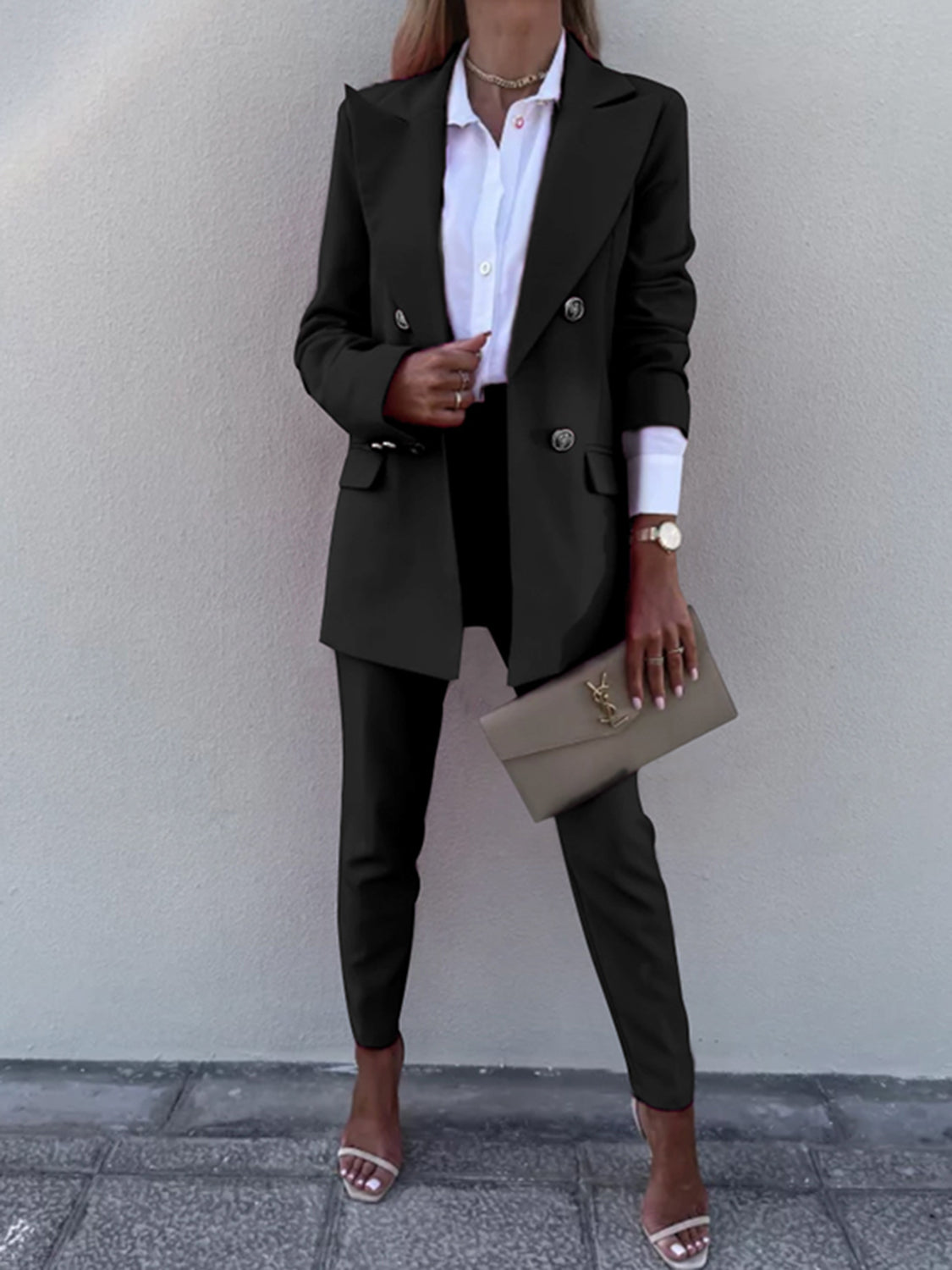 Lapel Collar Long Sleeve Blazer and Pants Set - AllIn Computer