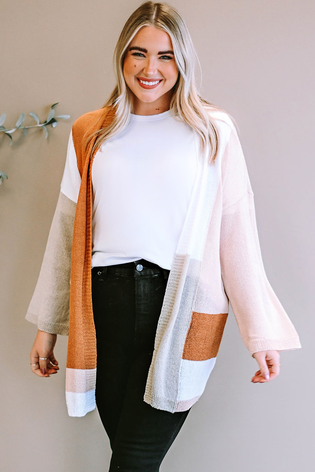 Plus Size Color Block Open Front Longline Cardigan - AllIn Computer