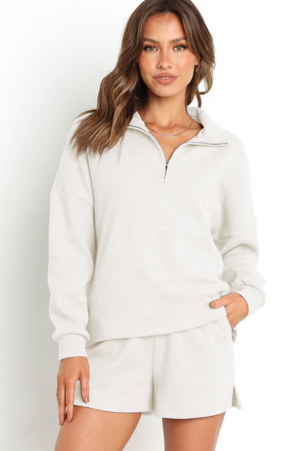 Collared Neck Zip-Up Top and Slit Shorts Set - AllIn Computer