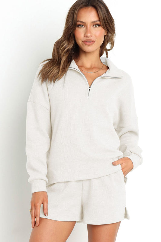 Collared Neck Zip-Up Top and Slit Shorts Set - AllIn Computer