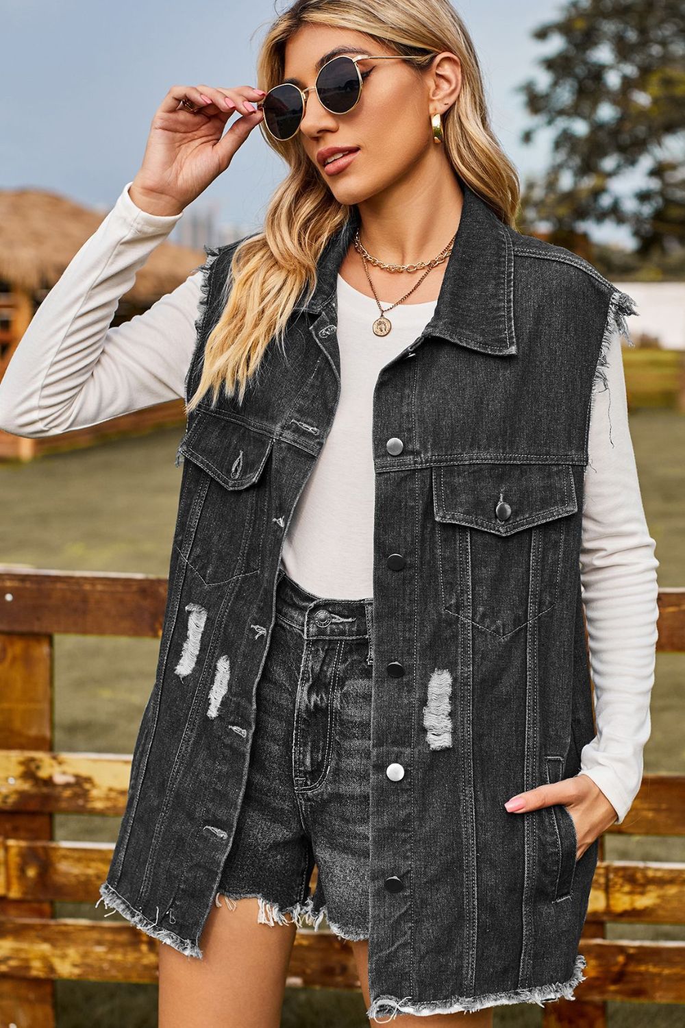 Sleeveless Button-Up Collared Denim Top with Pockets - AllIn Computer