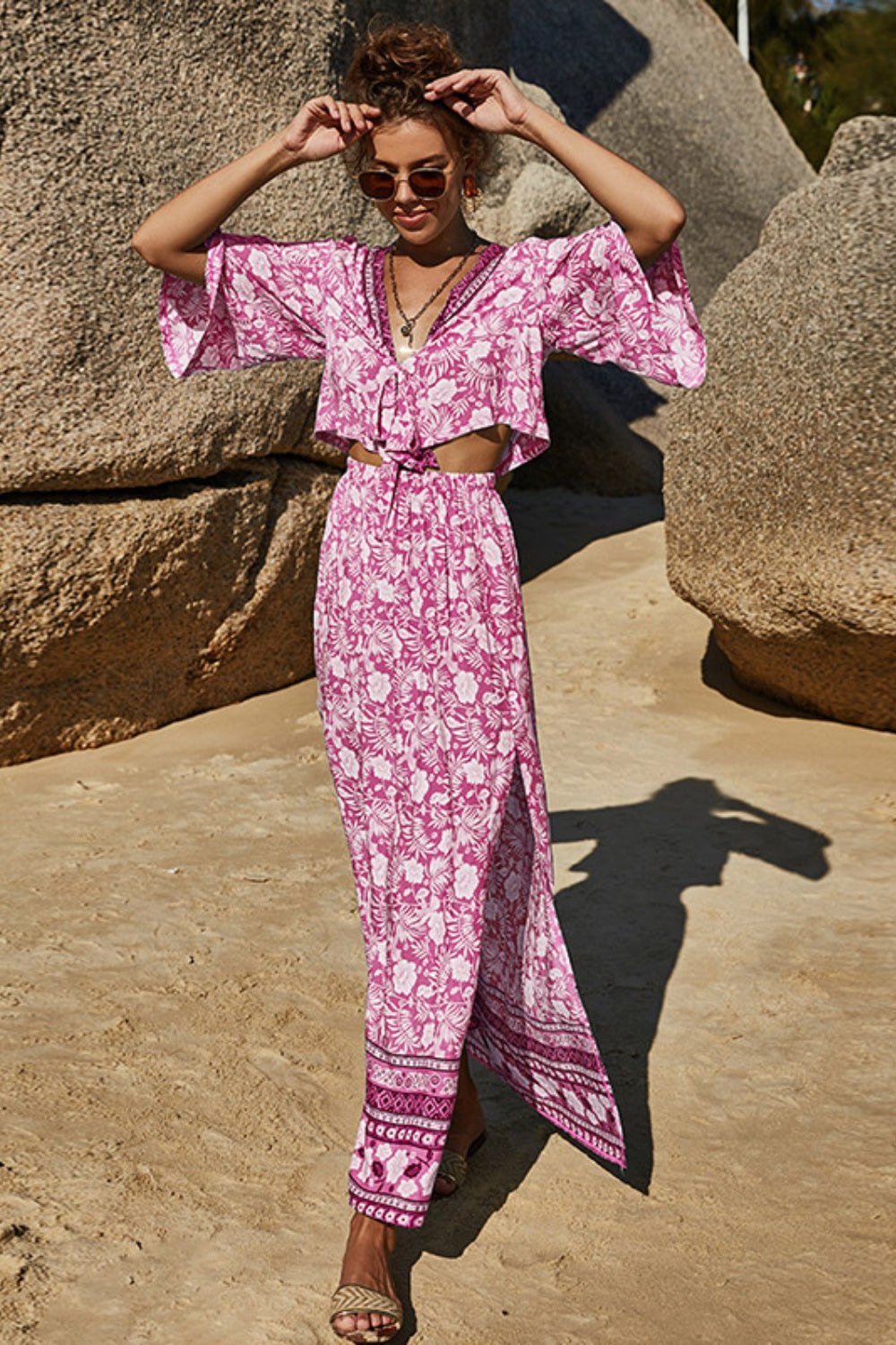 Printed Half Sleeve Top and Slit Skirt Set - AllIn Computer