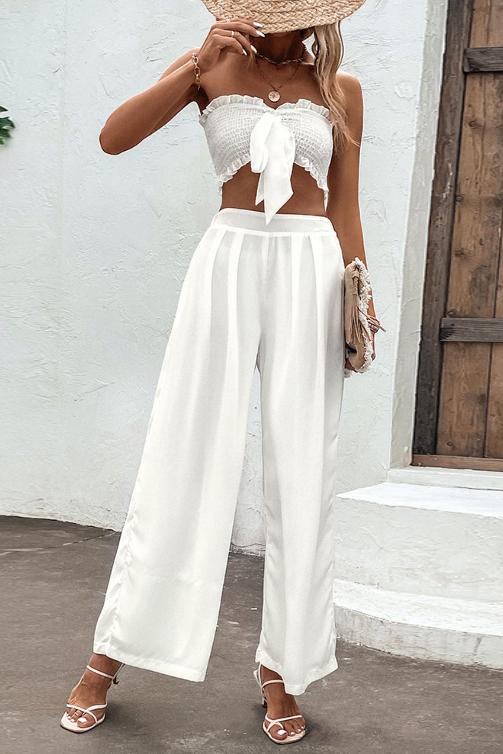 Smocked Tube Top and Wide Leg Pants Set - AllIn Computer