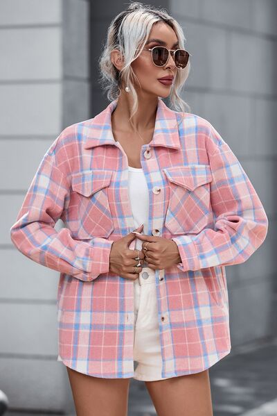 Plaid Pocketed Collared Neck Button Up Jacket - AllIn Computer