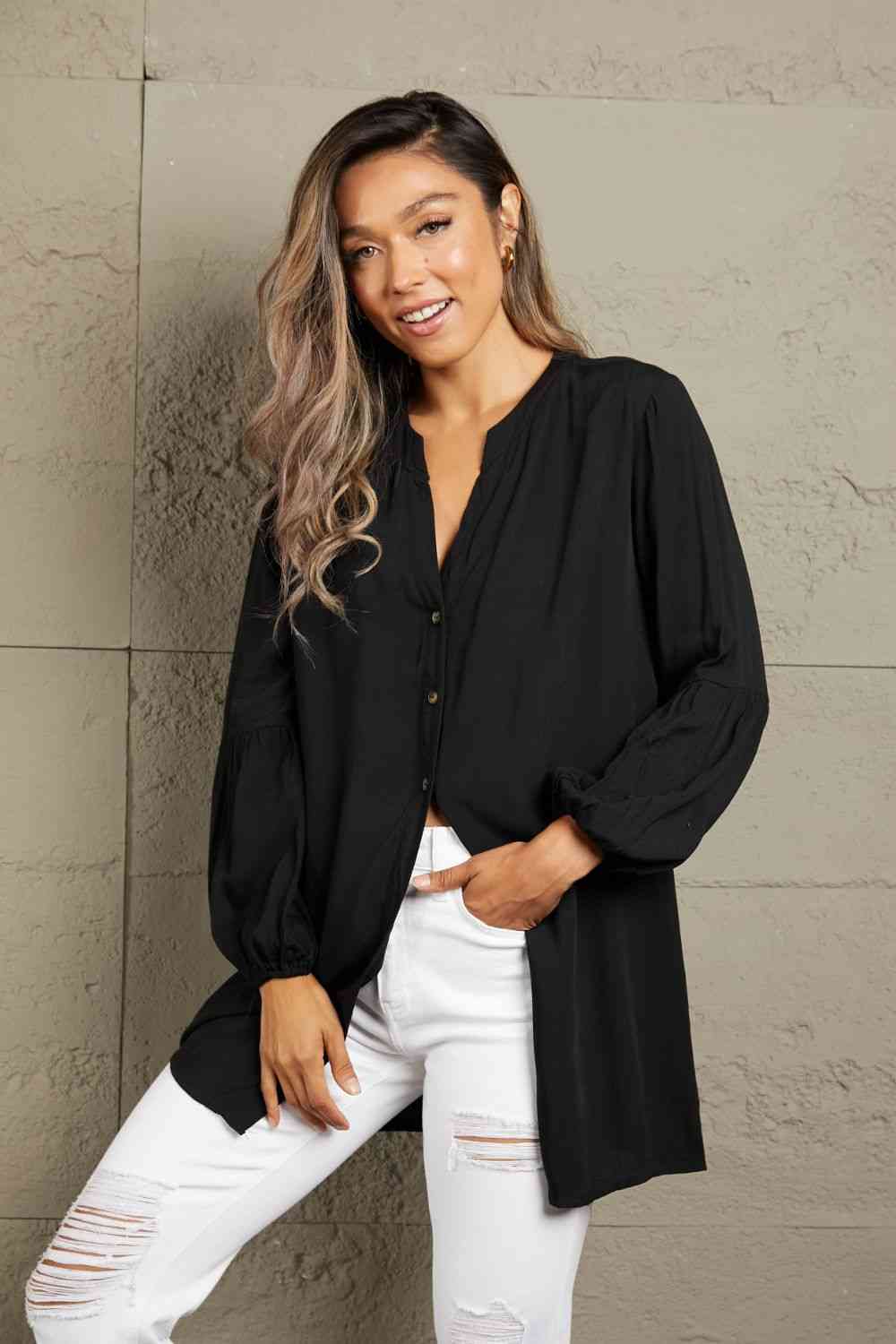 Double Take Notched Neck Balloon Sleeve Shirt - AllIn Computer