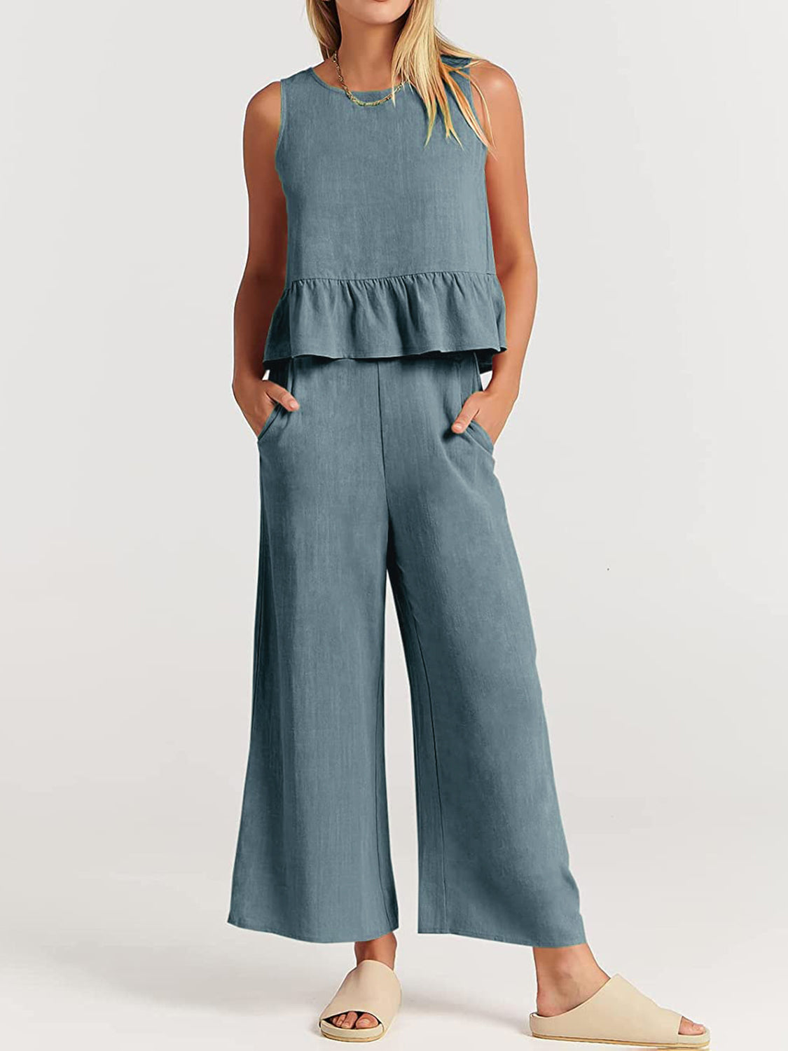Full Size Round Neck Top and Wide Leg Pants Set - AllIn Computer