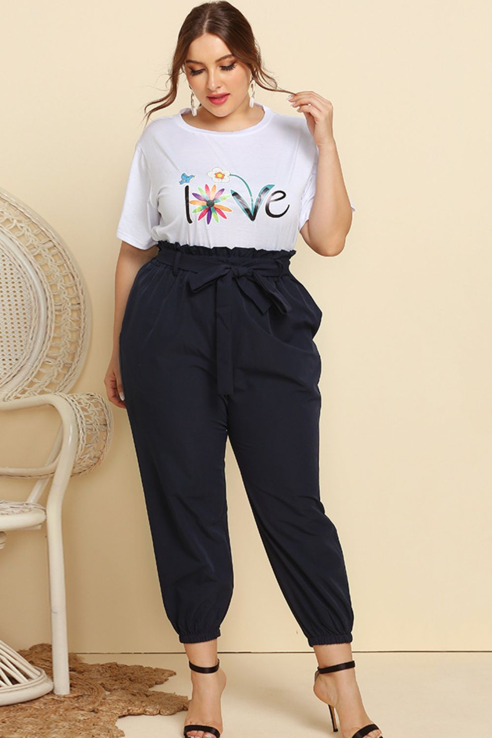 Graphic Tee and Belted Paperbag Joggers Set - AllIn Computer