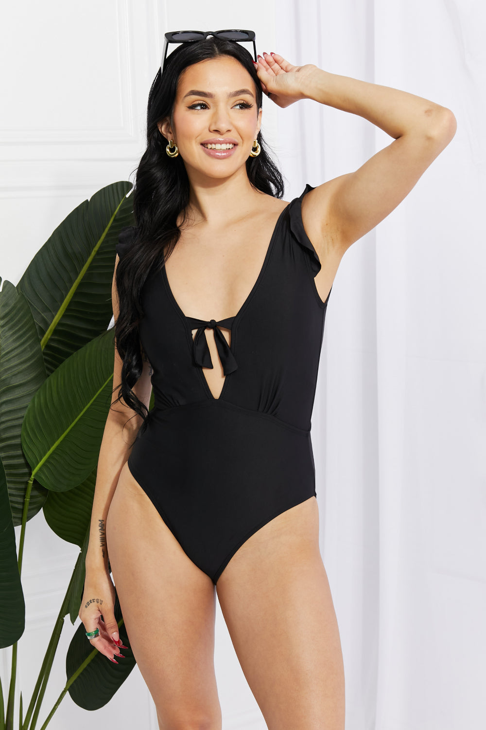 Marina West Swim Seashell Ruffle Sleeve One-Piece in Black - AllIn Computer