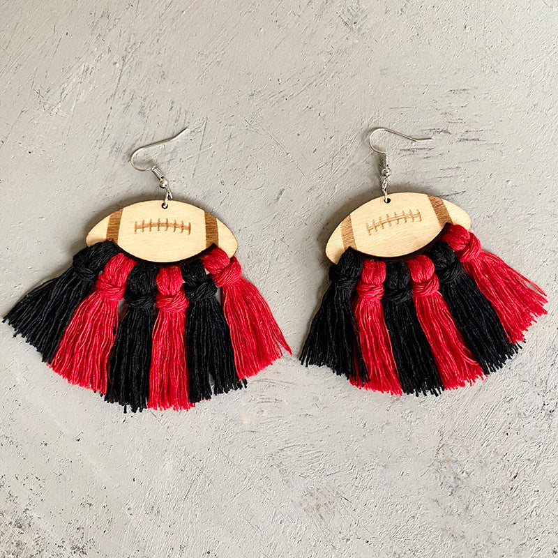 Fringe Detail Football Shape Wooden Dangle Earrings - AllIn Computer