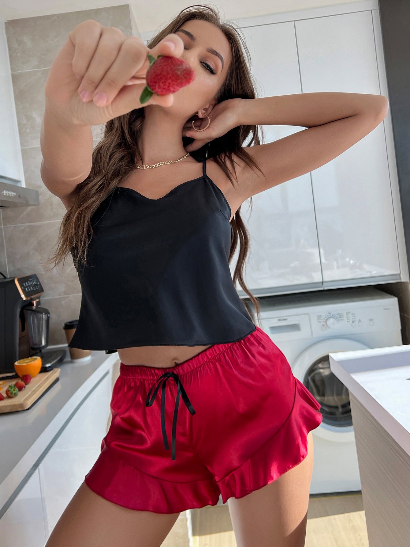 Two-Tone Cropped Cami and Ruffle Hem Satin Pajama Set - AllIn Computer