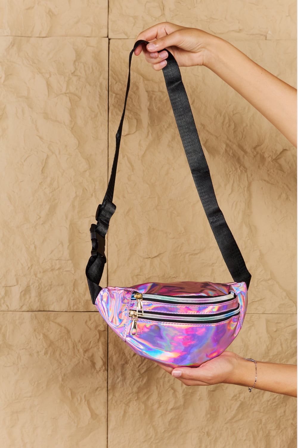 Fame Good Vibrations Holographic Double Zipper Fanny Pack in Hot Pink - AllIn Computer