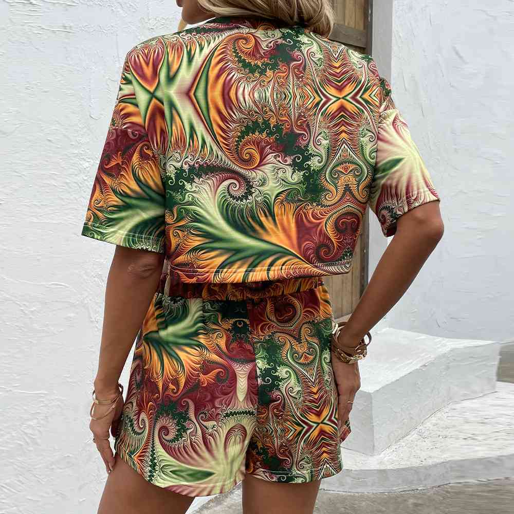 Printed Round Neck Dropped Shoulder Half Sleeve Top and Shorts Set - AllIn Computer