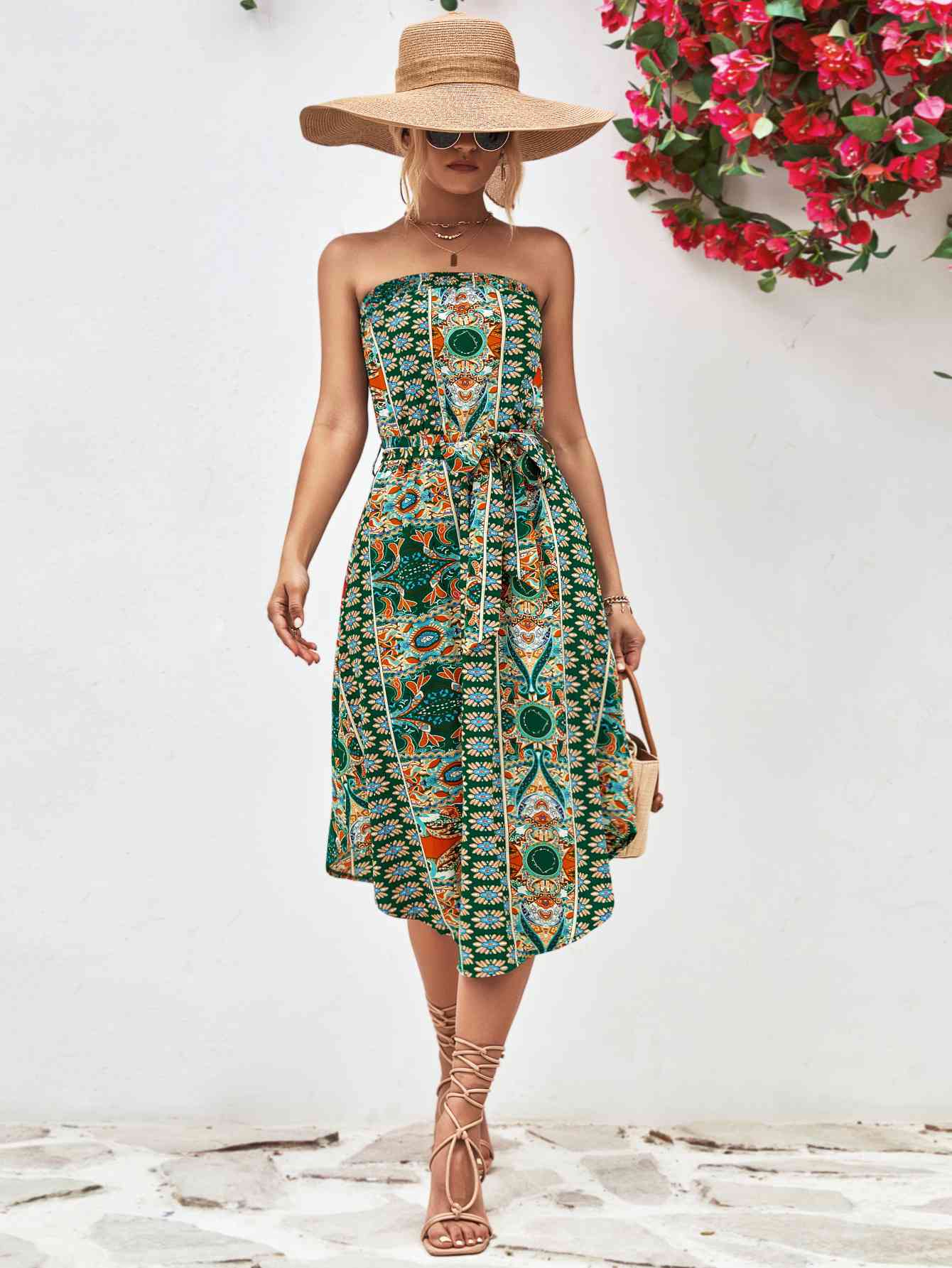 Printed Strapless Tie Belt Dress - AllIn Computer