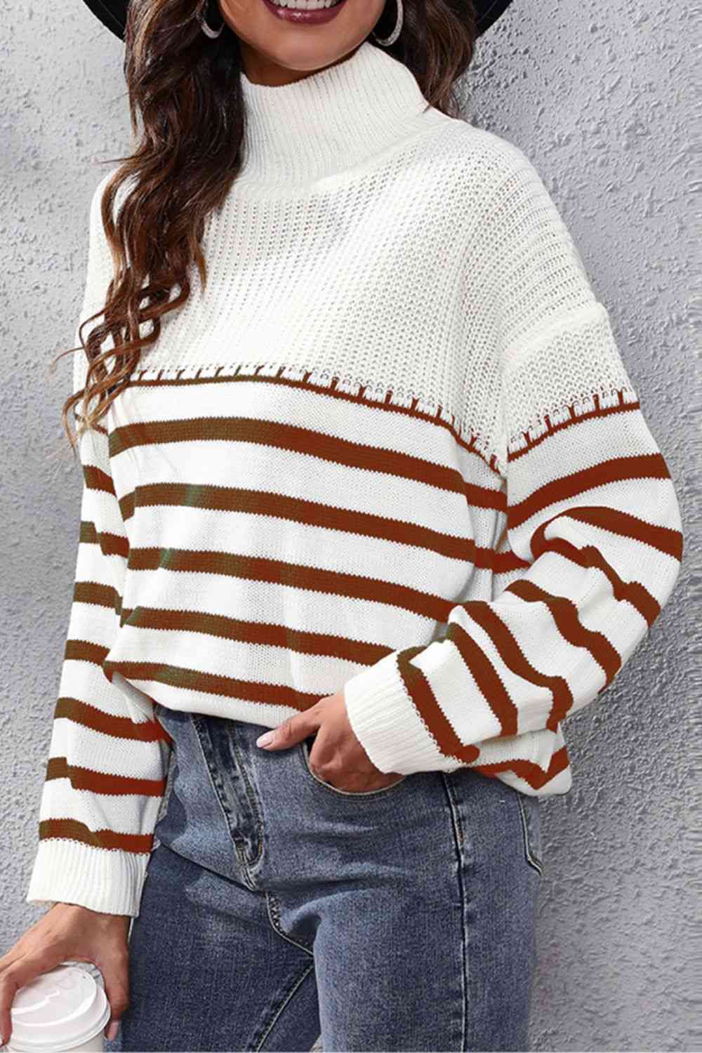 Striped Turtleneck Drop Shoulder Sweater - AllIn Computer