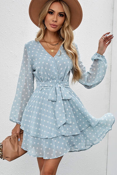 Tied Layered Polka Dot Balloon Sleeve Dress - AllIn Computer