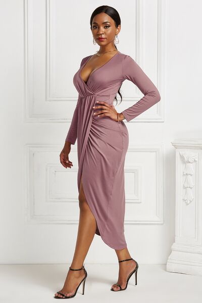 High-low Ruched Surplice Long Sleeve Dress - AllIn Computer