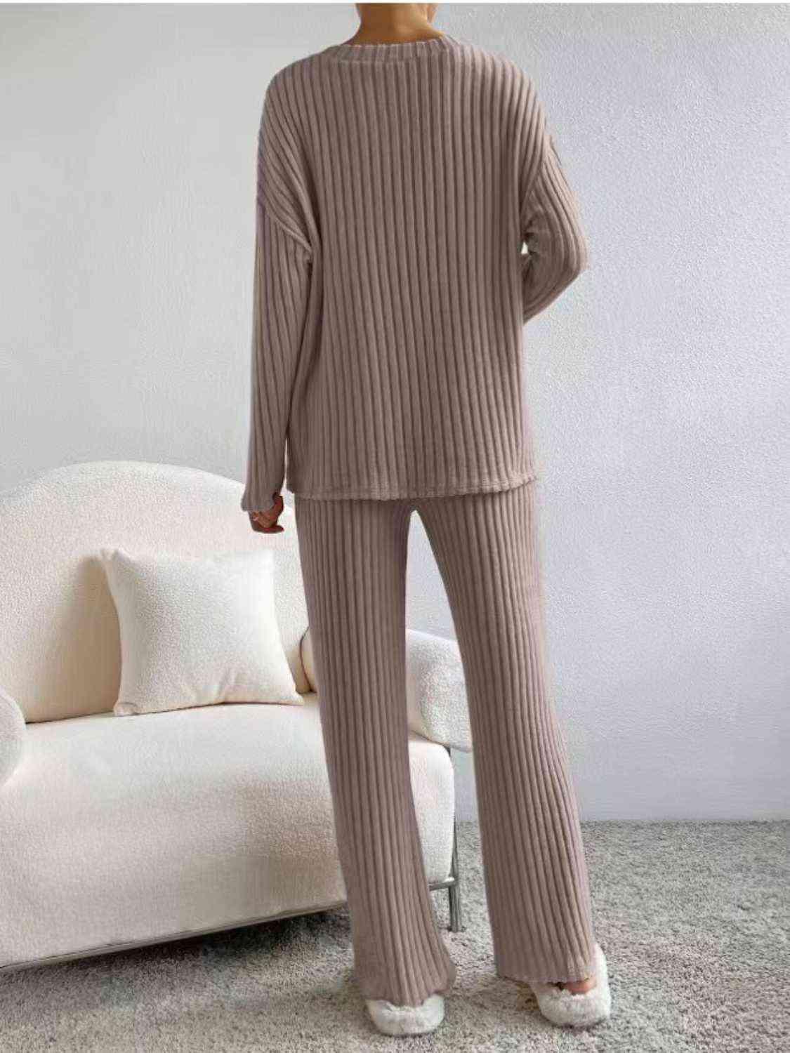 Ribbed V-Neck Long Sleeve Top and Pants Set - AllIn Computer