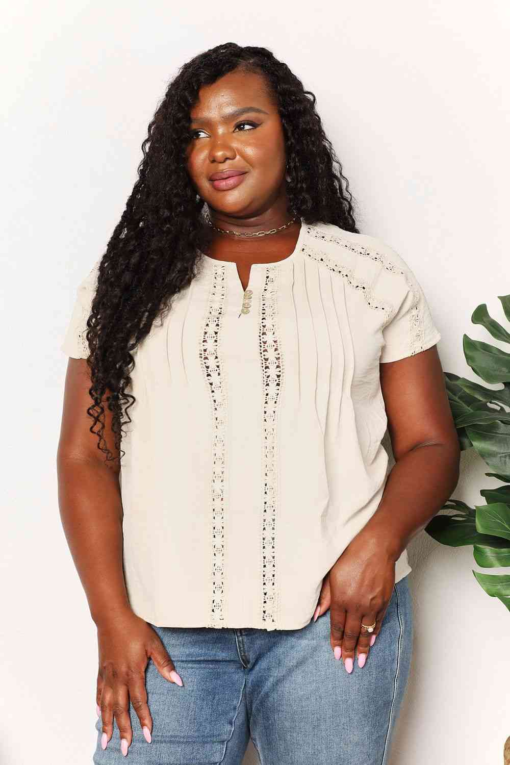 Double Take Crochet Buttoned Short Sleeves Top - AllIn Computer