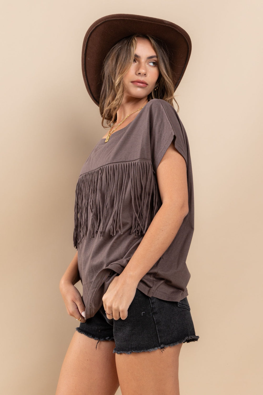 Ces Femme Fringe Detail Round Neck Short Sleeve Top - AllIn Computer