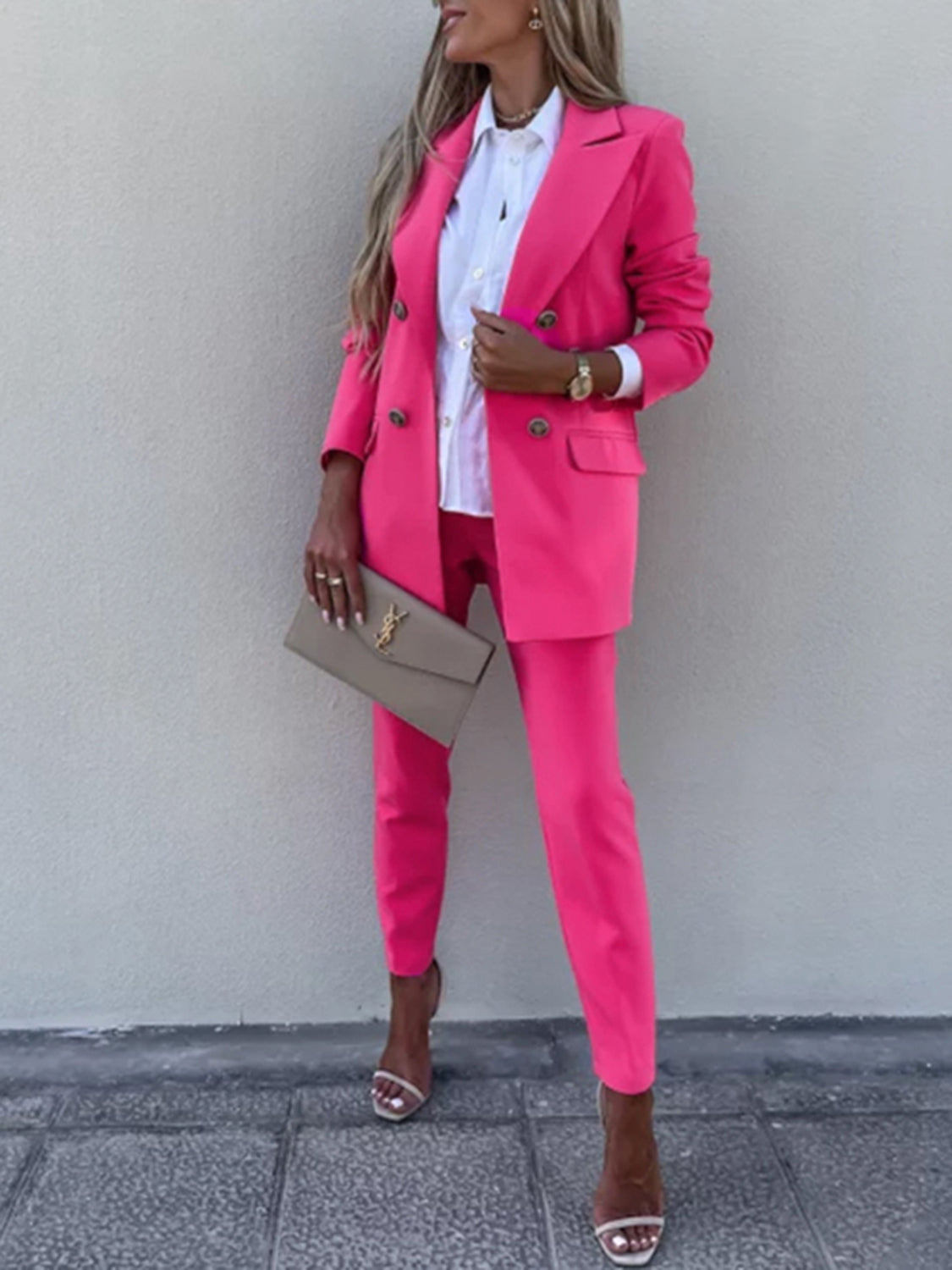 Lapel Collar Long Sleeve Blazer and Pants Set - AllIn Computer