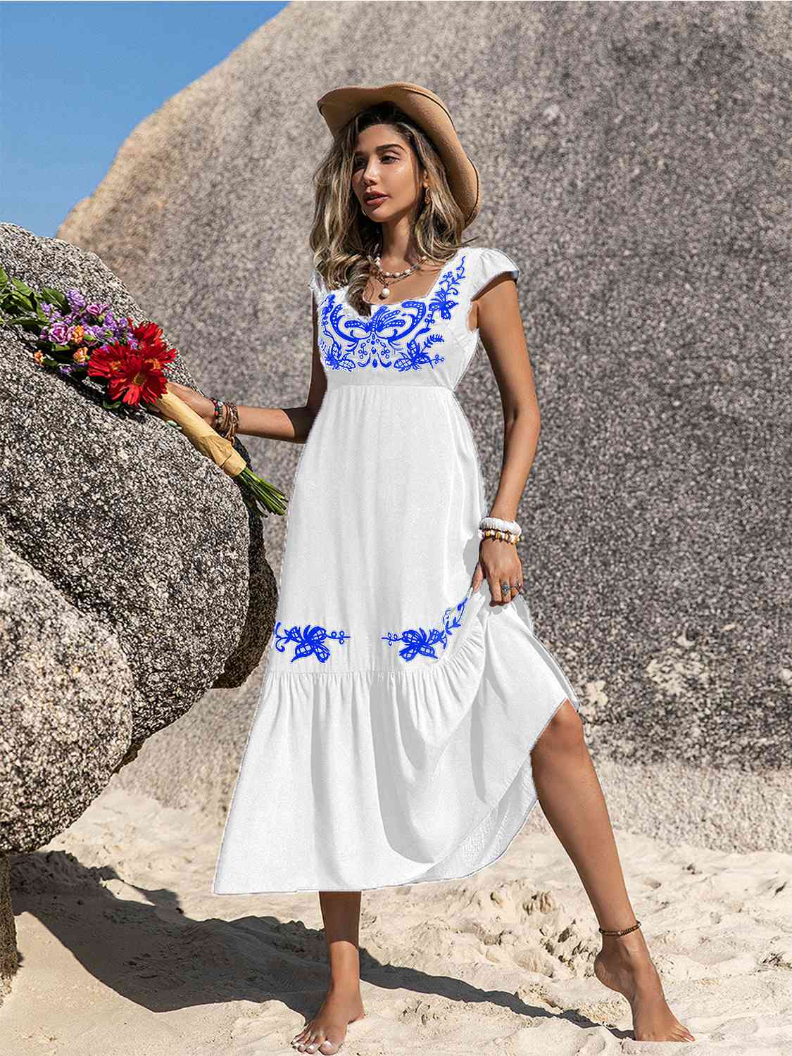 Embroidered Square Neck Ruffle Hem Dress - AllIn Computer