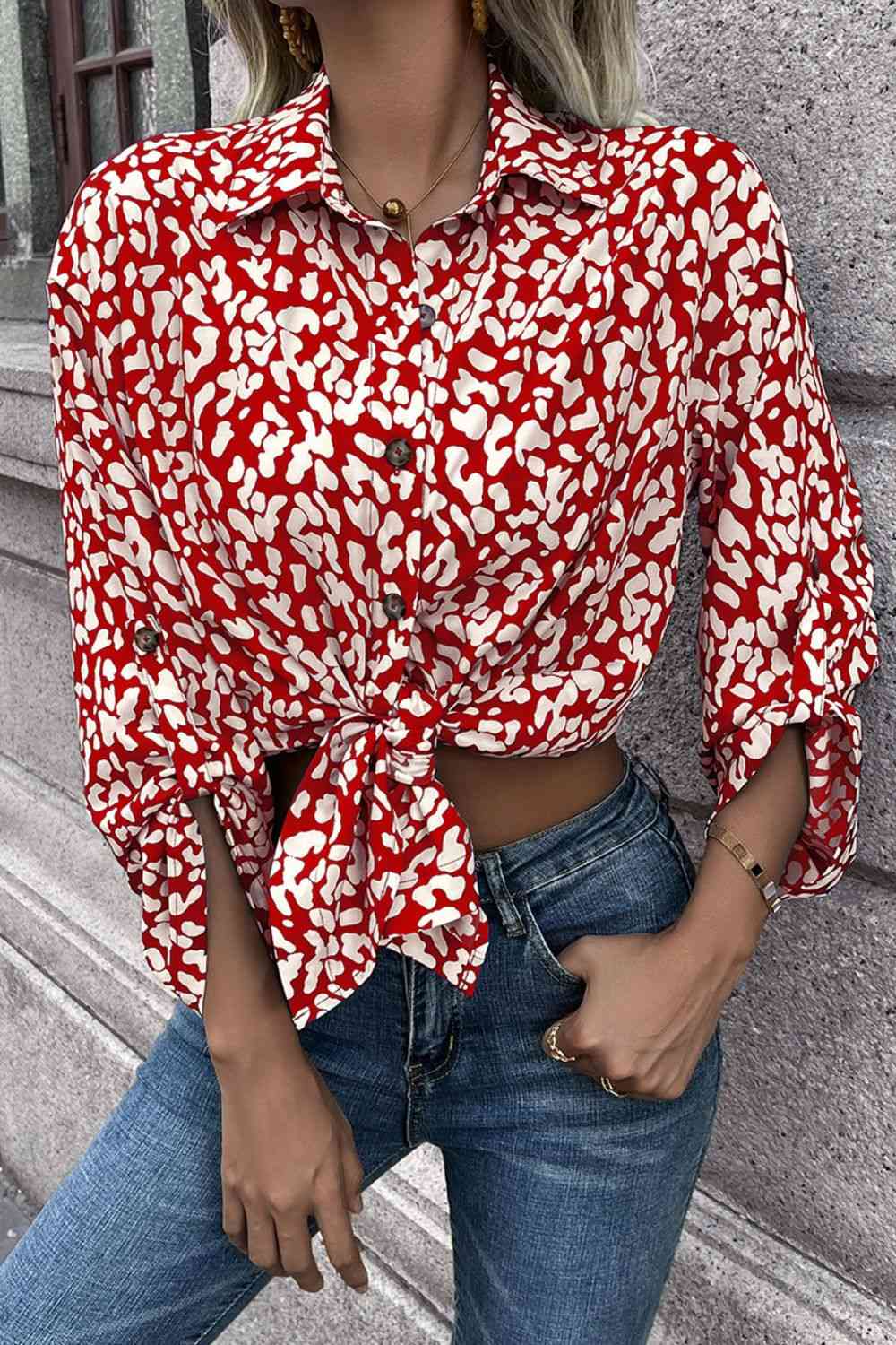 Double Take Leopard Roll-Tap Sleeve Shirt - AllIn Computer